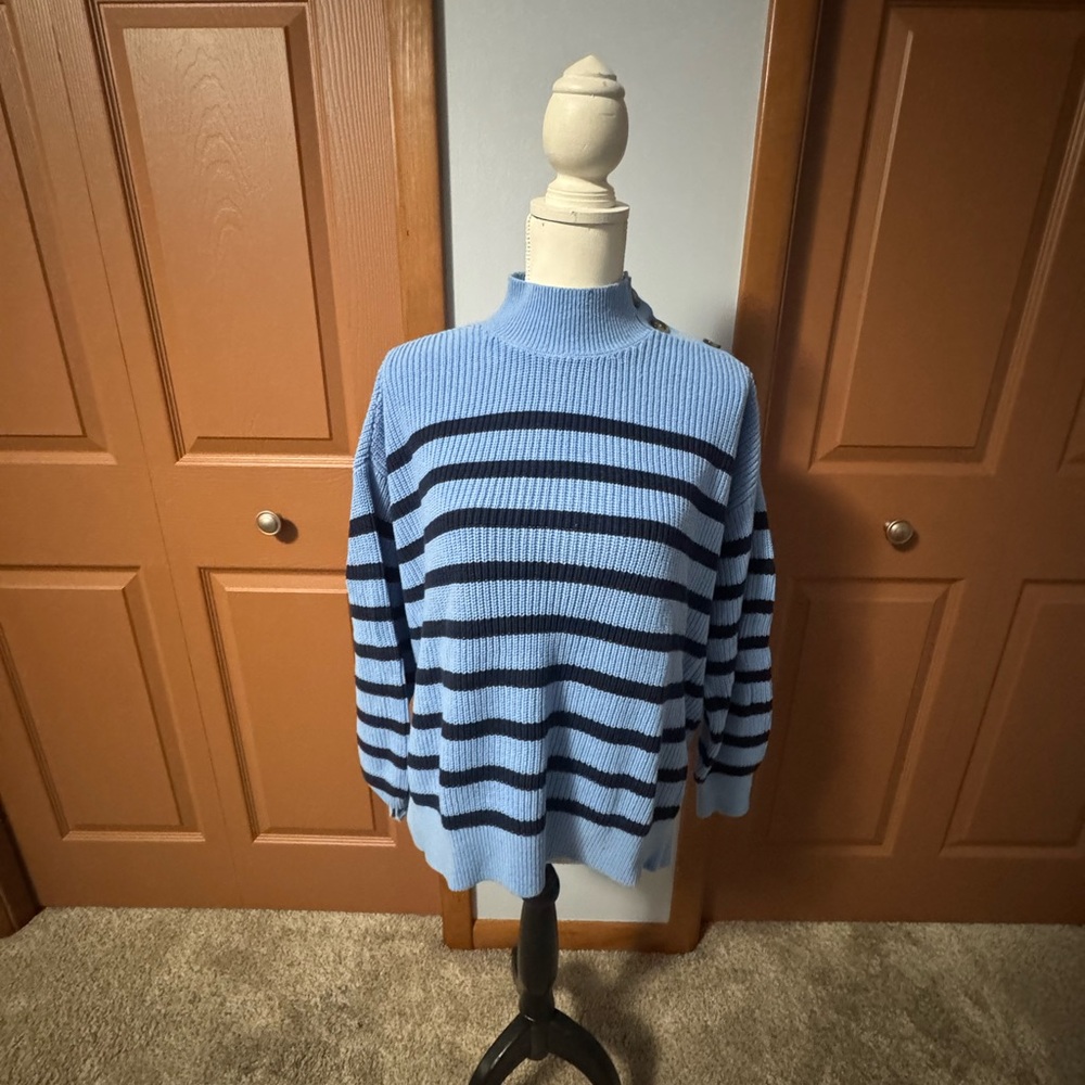 LOFT Blue and Navy Striped Mock Neck Sweater